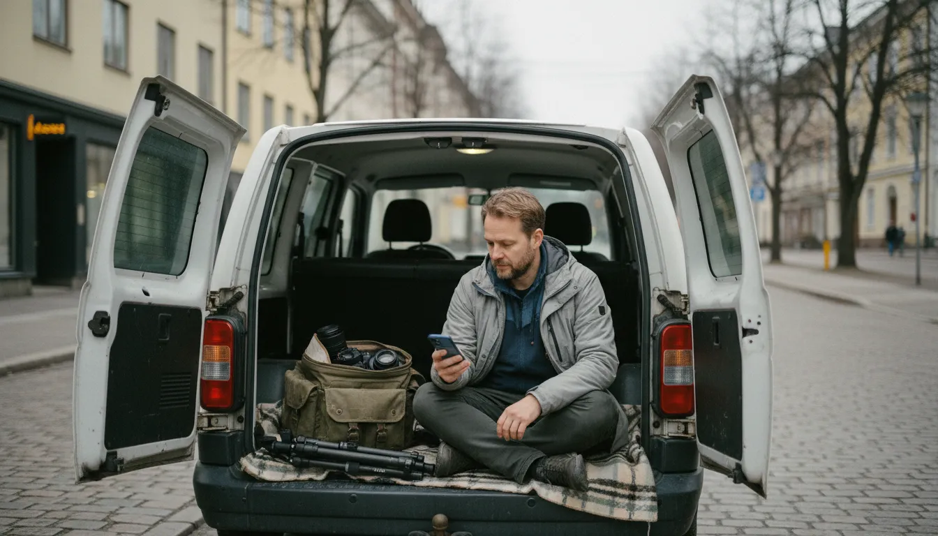 Freelance-valokuvaaja lähettää laskua puhelimella kuvauskeikan jälkeen pakettiauton takaovella, UKKO kirjanpito kevytyrittäjälle