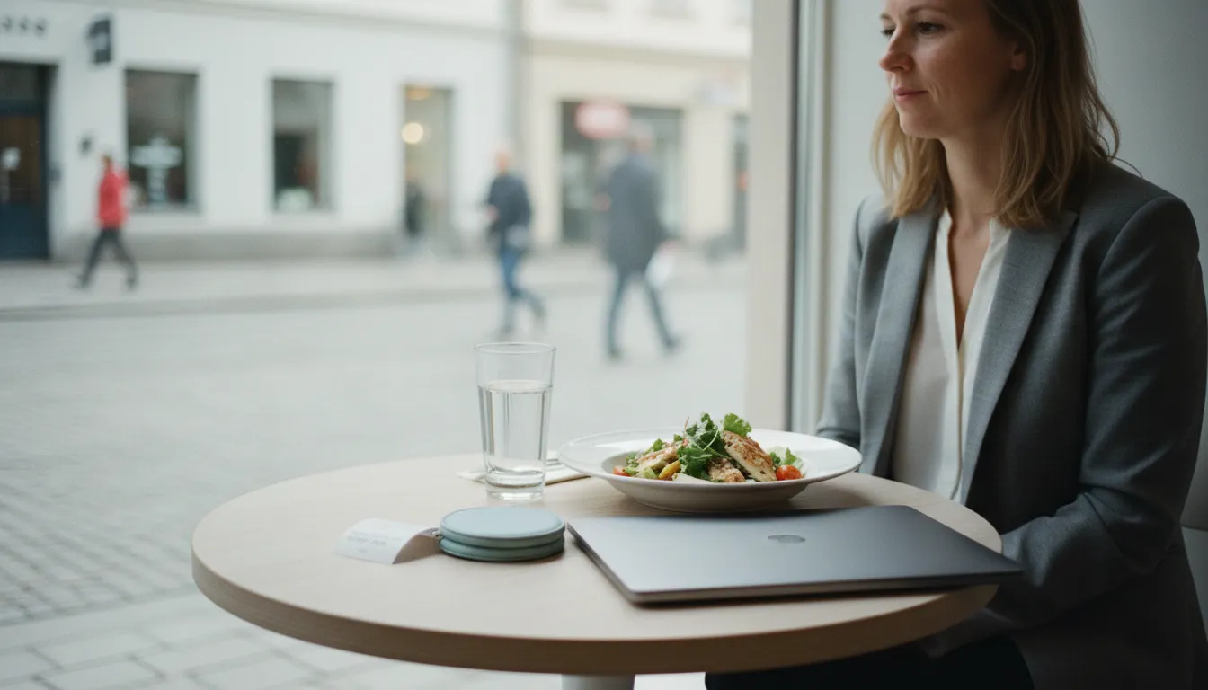 Työmatkalainen syö kevyen lounaan kahvilan pöydässä ulkomailla, vieressä vesilasi ja suljettu kannettava