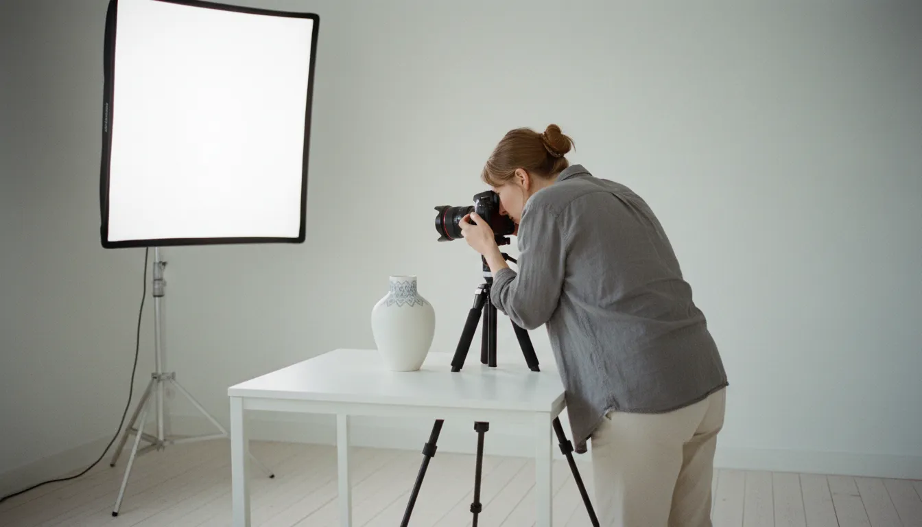 Valokuvaaja kuvaa valkoista maljakkoa jalustalta studiossa softboxin valossa