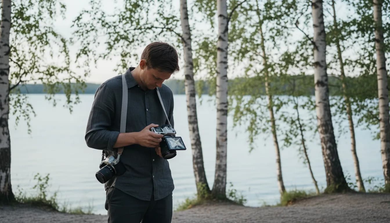 Hääkuvaaja tarkistaa kameran näyttöä koivujen keskellä järven rannalla kesäillan valossa