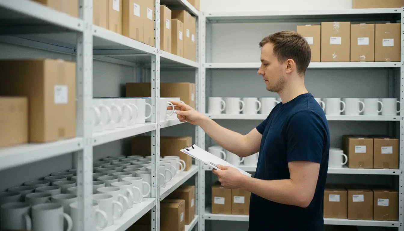Verkkokauppias laskee valkoisia mukeja varastohyllyltä ja kirjaa määriä kirjoitusalustalle