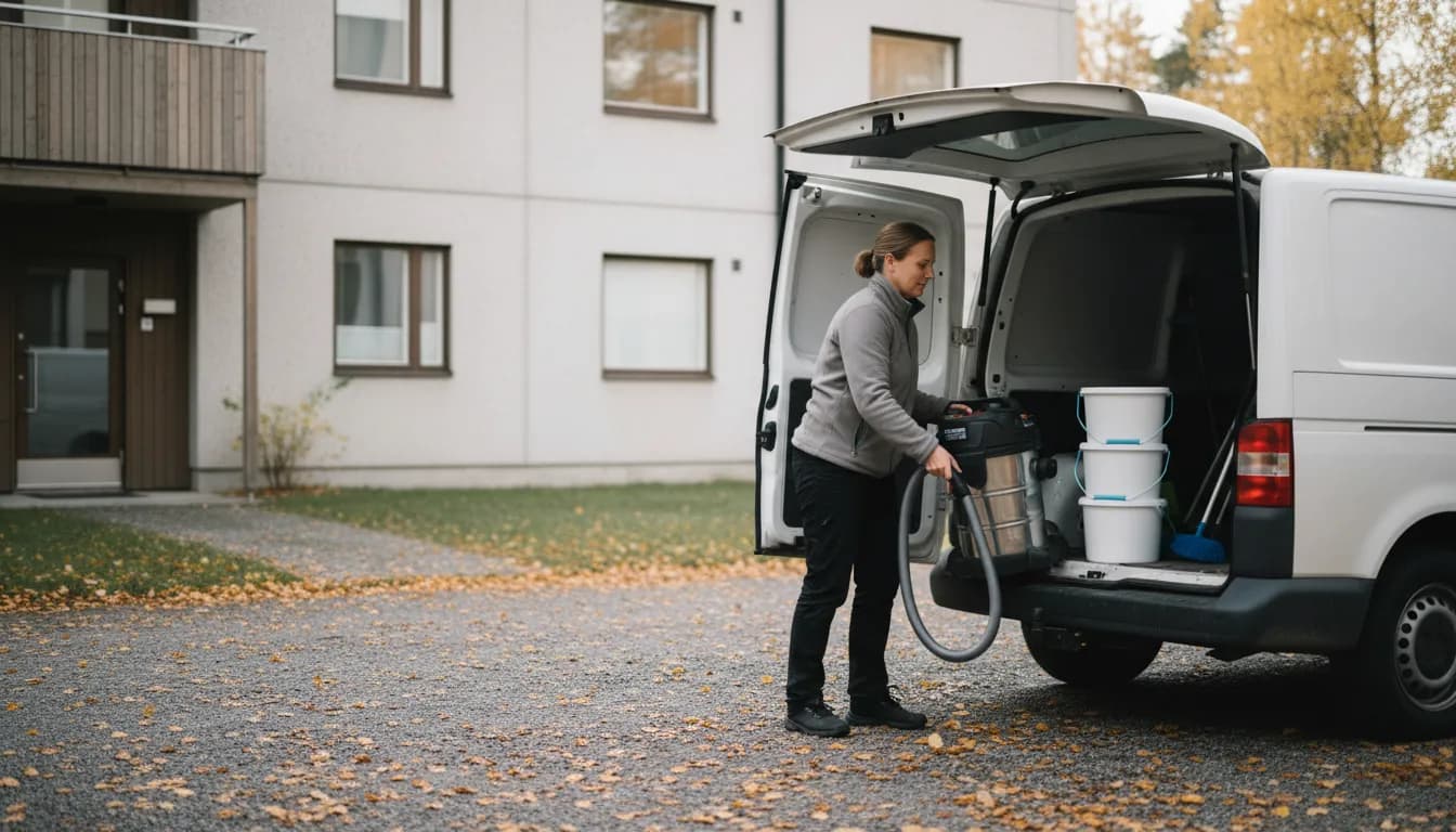 Siivousyrittäjä järjestelee siivousvälineitä pakettiauton takaosaan kerrostalon pihalla aamulla, kotitalousvähennys 2027