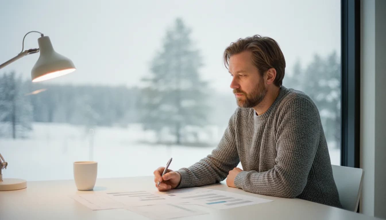 Yrittäjä tekee kynällä merkintöjä papereihin työpöydän ääressä, ikkunan takana luminen kuusimetsä