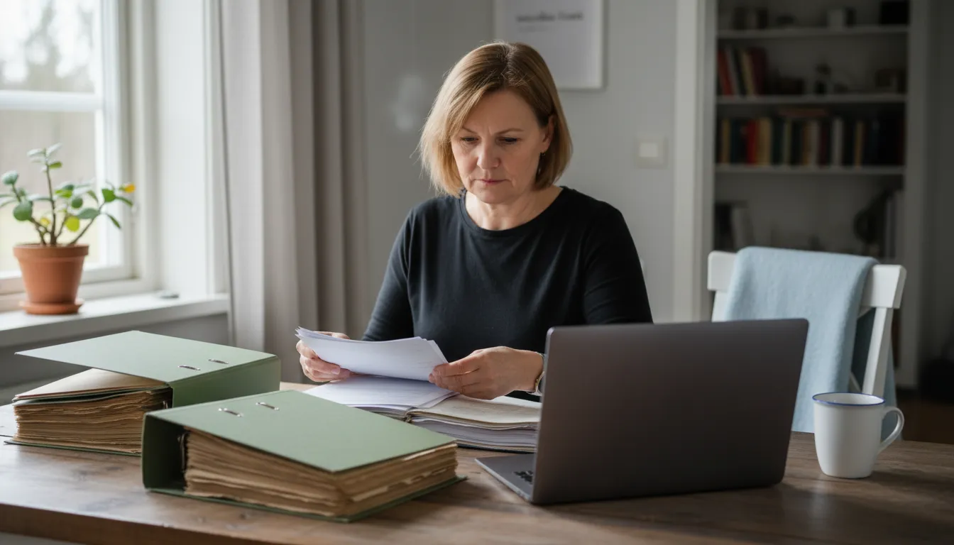 Yrittäjä käy läpi vanhoja kirjanpitokansioita ja kannettavaa keittiön pöydän ääressä, Visma eAccounting loppui