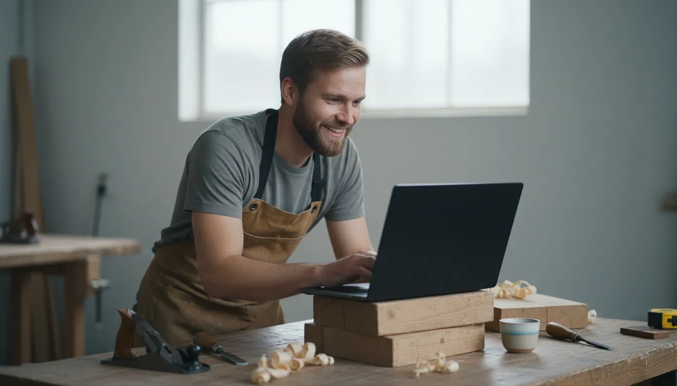 Yrittäjä videopuhelussa kirjanpitäjän kanssa työpajan nurkassa, siirto eAccountingista kirjanpitäjälle