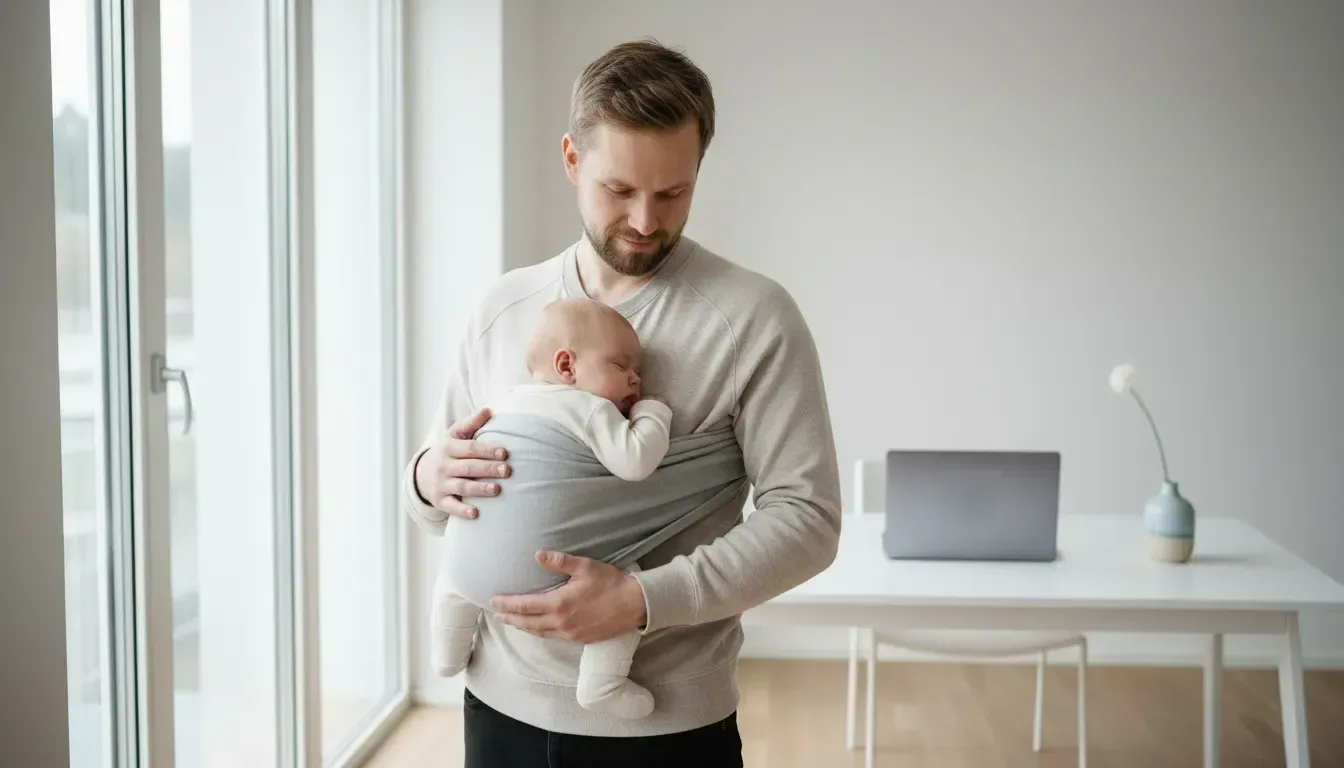 Isä kantaa vauvaa kantoliinassa valoisan kotitoimiston ikkunan ääressä