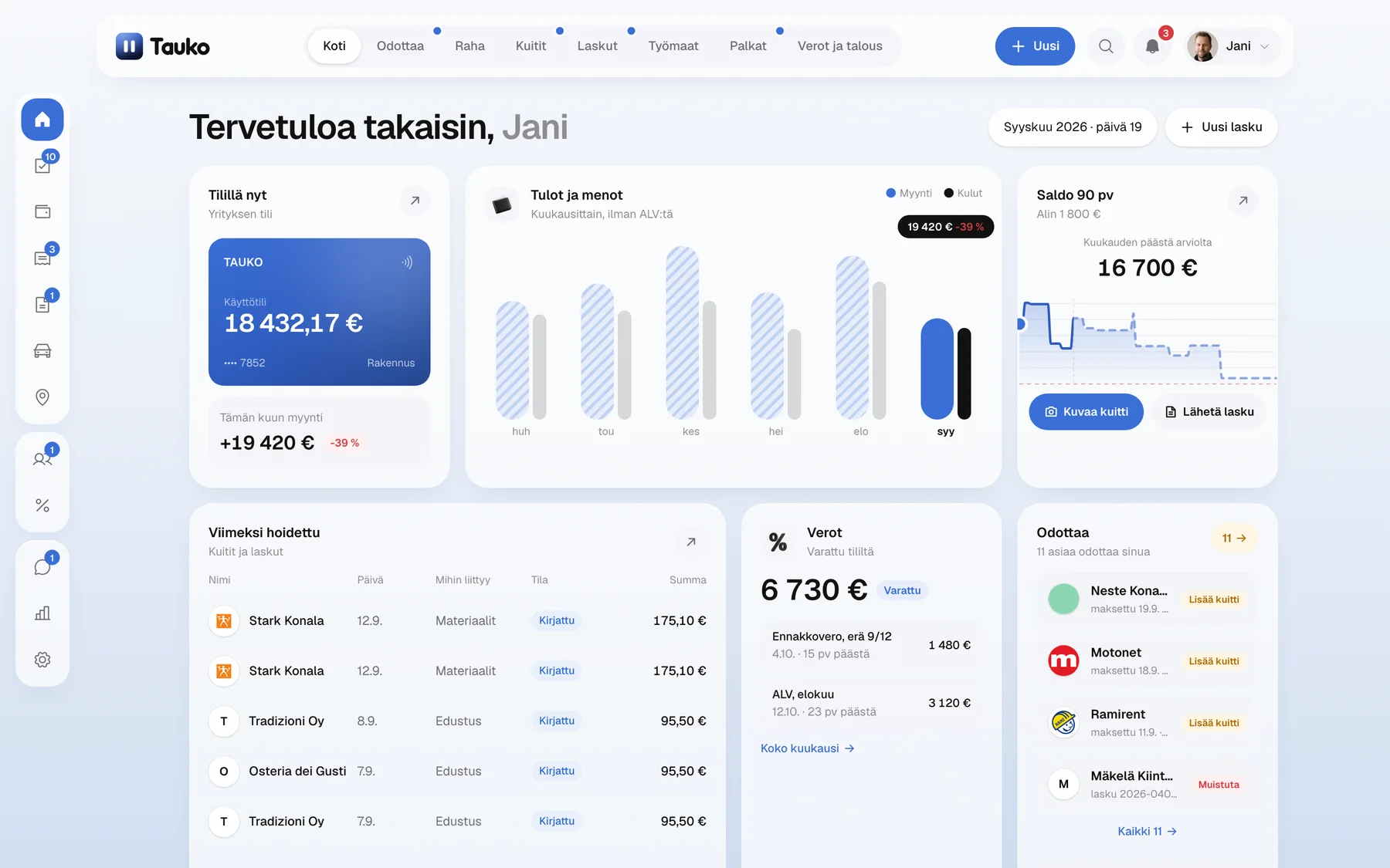 Tauko-sovelluksen kotinäkymä tietokoneella