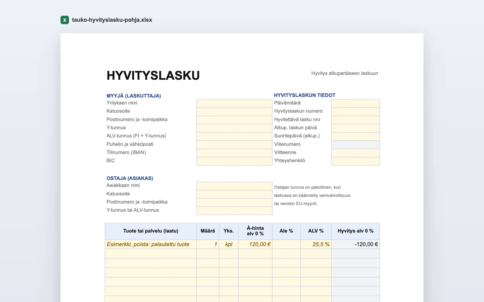 Hyvityslaskupohja Excelissä: hyvitettävän laskun numero, myyjän ja ostajan tiedot ja miinusmerkkinen hyvitysrivi