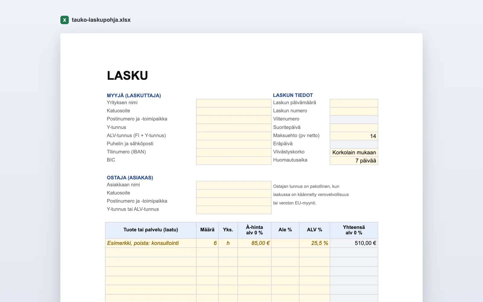 Laskupohjan ensimmäinen sivu Excelissä: myyjän ja ostajan tiedot, laskurivit ja esimerkkirivi