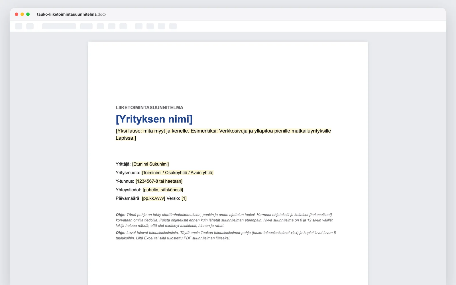 Liiketoimintasuunnitelma-pohjan kansilehti Wordissä: yrityksen nimi, yrittäjä, yritysmuoto ja ohjetekstit