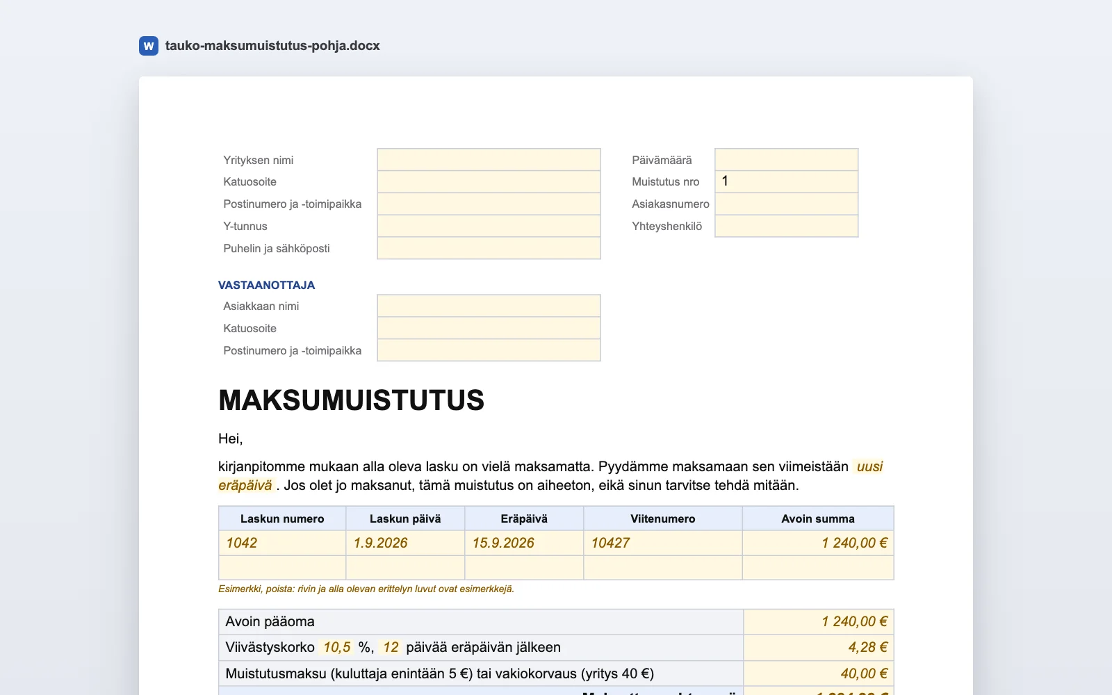 Maksumuistutuspohja Wordissä: lähettäjän ja vastaanottajan tiedot, avoin lasku ja erittely viivästyskorosta