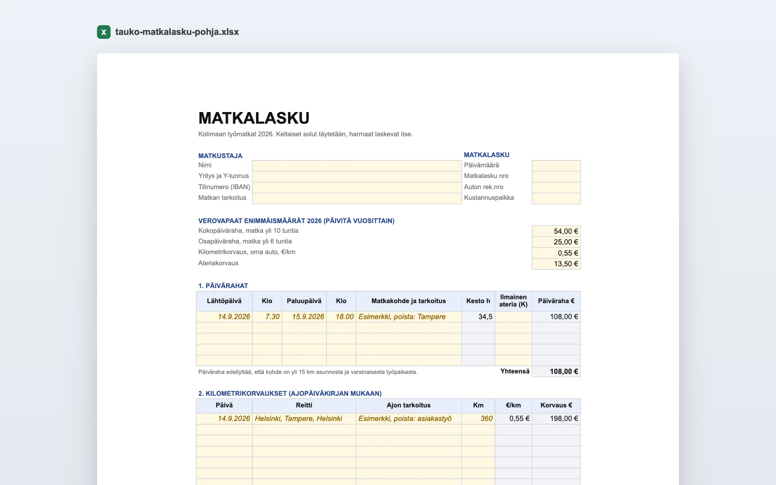 Matkalaskupohja Excelissä: vuoden 2026 taksat, päivärahat lähtö- ja paluuajasta ja kilometrikorvaukset
