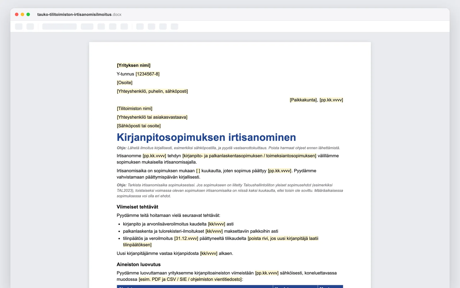 Tilitoimiston irtisanomisilmoitus Wordissä: lähettäjän ja vastaanottajan tiedot, irtisanomisteksti ja viimeiset tehtävät