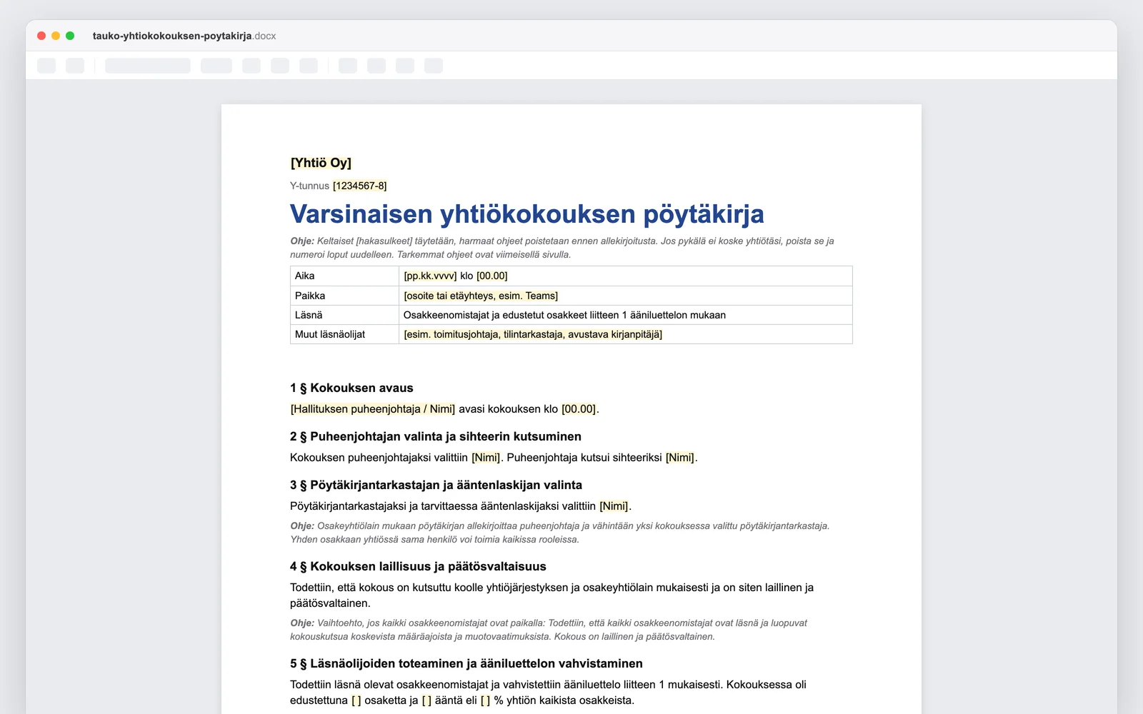 Yhtiökokouksen pöytäkirja -pohja Wordissä: kokouksen tiedot ja ensimmäiset pykälät täytettävine kohtineen